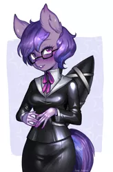 Size: 2047x3118 | Tagged: safe, artist:tawni-tailwind, derpibooru import, oc, oc:starshine bomber, anthro, pegasus, bondage, bound wings, business suit, clothes, glasses, image, intersex, latex, latex suit, outfit, png, shiny, solo, wings