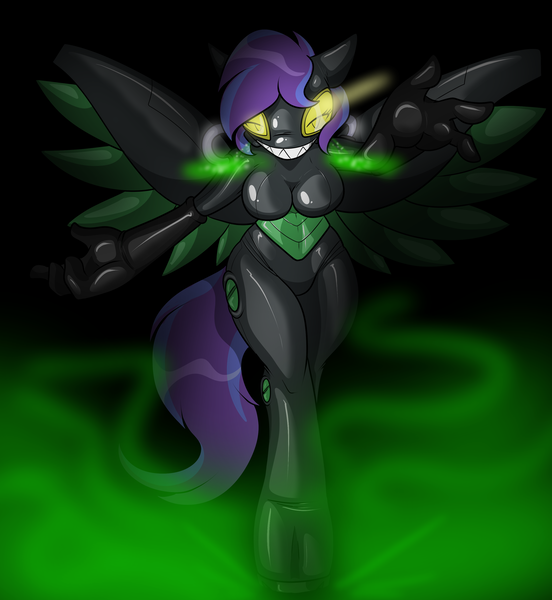 Size: 2803x3048 | Tagged: anthro, artist:tinker-tock, bodysuit, bondage, breasts, changeling, changelingified, derpibooru import, encasement, fog, gas mask, intersex, latex, latex suit, mask, oc, oc:starshine bomber, pegasus, rubber drone, species swap, suggestive