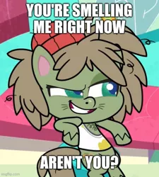 Size: 500x555 | Tagged: safe, derpibooru import, edit, edited screencap, screencap, dishwater slog, earth pony, pony, my little pony: pony life, the best of the worst, spoiler:pony life s01e02, bipedal, bipedal leaning, caption, image macro, leaning, meme, solo, text