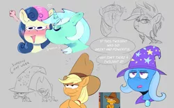 Size: 1729x1080 | Tagged: safe, artist:another_pony, derpibooru import, applejack, bon bon, lyra heartstrings, rarity, sweetie drops, trixie, twilight sparkle, ponified, earth pony, pony, unicorn, alternate hairstyle, blushing, chibi, clothes, cowboy hat, eyes closed, female, giant hat, hat, implied lesbian, implied rarilight, implied shipping, kiss on the cheek, kissing, lesbian, lisa simpson, lyrabon, punk, raripunk, shipping, simpsons did it, sketch, sketch dump, ten gallon hat, the simpsons, trixie's hat