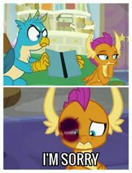 Size: 2522x3326 | Tagged: abuse, abuse edit, background pony strikes again, derpibooru import, downvote bait, edit, edited screencap, gallus, ouch, screencap, semi-grimdark, smolder, smolderbuse