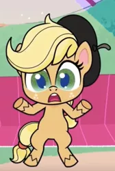 Size: 430x640 | Tagged: applejack, beret, cropped, derpibooru import, hat, how applejack got her hat back, my little pony: pony life, open mouth, safe, screencap, sitting, solo, spoiler:pony life s01e04