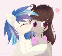 Size: 4325x3902 | Tagged: safe, artist:melloncollie-chan, derpibooru import, octavia melody, vinyl scratch, earth pony, pony, unicorn, blushing, bow, cute, female, hug, kiss on the cheek, kissing, lesbian, scratchtavia, shipping, simple background, smiling