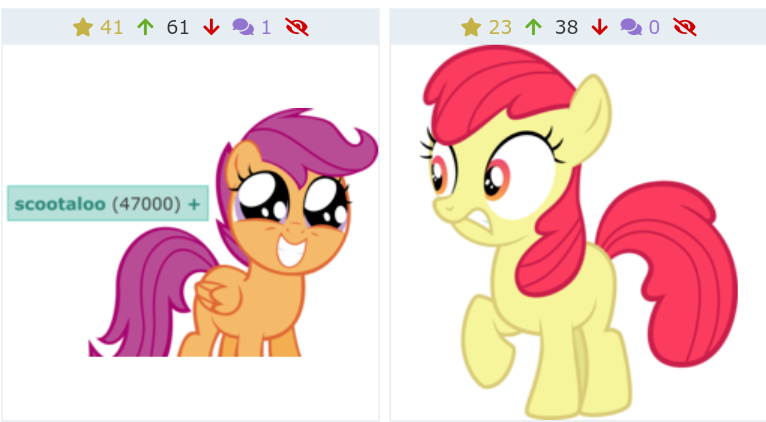 Size: 766x422 | Tagged: artist needed, safe, derpibooru import, screencap, apple bloom, scootaloo, earth pony, pegasus, pony, derpibooru, cute, cutealoo, grin, juxtaposition, meta, missing accessory, shocked, smiling, solo, tags, wide eyes