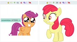 Size: 766x422 | Tagged: artist needed, safe, derpibooru import, screencap, apple bloom, scootaloo, earth pony, pegasus, pony, derpibooru, cute, cutealoo, grin, juxtaposition, meta, missing accessory, shocked, smiling, solo, tags, wide eyes