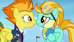 Size: 1280x720 | Tagged: safe, derpibooru import, edit, edited screencap, screencap, lightning dust, spitfire, pegasus, pony, wonderbolts academy, blushing, boop, clothes, duo, eye contact, face to face, female, goggles, lead pony, lead pony badge, looking at each other, mare, nose to nose, nose wrinkle, noseboop, scrunchy face, smiling, standing, uniform, wonderbolt trainee uniform