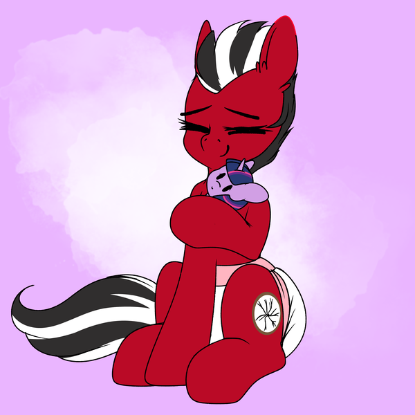 Size: 3000x3000 | Tagged: adult foal, artist:xcinnamon-twistx, derpibooru import, diaper, eyes closed, oc, oc:shatter, plushie, poofy diaper, request, safe, sitting, twilight sparkle, twilight sparkle plushie, unofficial characters only