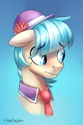 Size: 2000x3000 | Tagged: safe, artist:jedayskayvoker, derpibooru import, coco pommel, earth pony, pony, blushing, bust, cocoa cantle, cocobetes, cute, eyebrows, eyebrows visible through hair, floppy ears, gradient background, hat, high res, looking away, male, necktie, portrait, rule 63, shy, signature, solo, stallion
