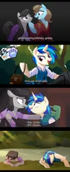 Size: 1920x4720 | Tagged: safe, artist:yaaaco, derpibooru import, beauty brass, limelight, neon lights, octavia melody, rising star, vinyl scratch, earth pony, pony, unicorn, alternate hairstyle, alternate universe, angry, annoyed, bag, belt, bondage, censored vulgarity, chair, clothes, comic, crossover, disney, disney princess, dress, eyepatch, eyes closed, female, flynn rider, hoof on chin, lesbian, male, mare, mother gothel, open mouth, raised hoof, rapunzel, rock, saddle bag, scratchtavia, shipping, shirt, stallion, tangled (disney), tied to chair, tied up, vest, water, wet, wet mane