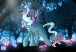Size: 1896x1294 | Tagged: safe, artist:doraeartdreams-aspy, derpibooru import, oc, oc:fluffybriefs, unofficial characters only, pony, unicorn, bodysuit, catsuit, forest, hippie, horn, jewelry, latex, latex suit, leonine tail, looking up, magical, male, mushroom, mystical, necklace, outdoors, peace suit, peace symbol, rubber suit, smiling, solo, stallion, strolling, transgender, tree