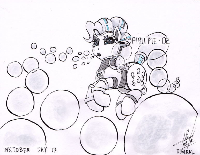 Size: 4576x3554 | Tagged: safe, artist:digiral, derpibooru import, pinkie pie, pony, robot, robot pony, absurd file size, blowing bubbles, bubble, pinkie bot, roboticization, solo, species swap, traditional art