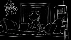 Size: 1920x1081 | Tagged: safe, artist:move, derpibooru import, oc, oc:move, unofficial characters only, pegasus, pony, bed, black and white, bookcase, furniture, grayscale, looking up, melancholy, monochrome, pillow, plant, sketch, sky, window