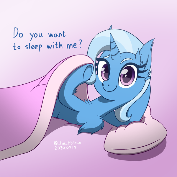 Size: 1600x1600 | Tagged: safe, artist:livehotsun, derpibooru import, trixie, pony, unicorn, blanket, bronybait, chest fluff, cute, diatrixes, ear fluff, female, invitation, looking at you, mare, pillow, smiling, solo