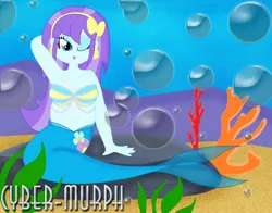 Size: 3288x2584 | Tagged: safe, artist:cyber-murph, derpibooru import, aqua blossom, mermaid, equestria girls, arm behind head, background human, belly, belly button, breasts, chubby, cleavage, coral, ear piercing, earring, jewelry, kissy face, mermaidized, one eye closed, piercing, rock, seaweed, shell bra, signature, sitting, species swap, underwater, wink