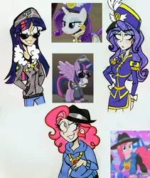 Size: 1747x2073 | Tagged: alicorn, ancient wonderbolts uniform, artist:citi, clothes, commander easy glider, derpibooru import, human, humanized, pinkie pie, rapper pie, rarity, safe, scene interpretation, screencap, screencap reference, sgt. rarity, sunglasses, testing testing 1-2-3, traditional art, twilight sparkle, twilight sparkle (alicorn), uniform