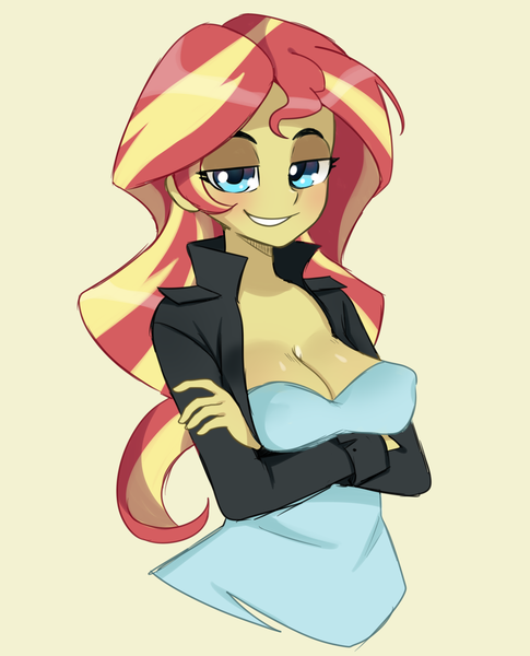 Size: 1972x2440 | Tagged: safe, artist:fennechy, derpibooru import, sunset shimmer, equestria girls, abstract background, bedroom eyes, blue eyes, blushing, breasts, busty sunset shimmer, cleavage, crossed arms, female, grin, looking at you, simple background, sketch, smiling, smug, smugset shimmer, solo, stupid sexy sunset shimmer