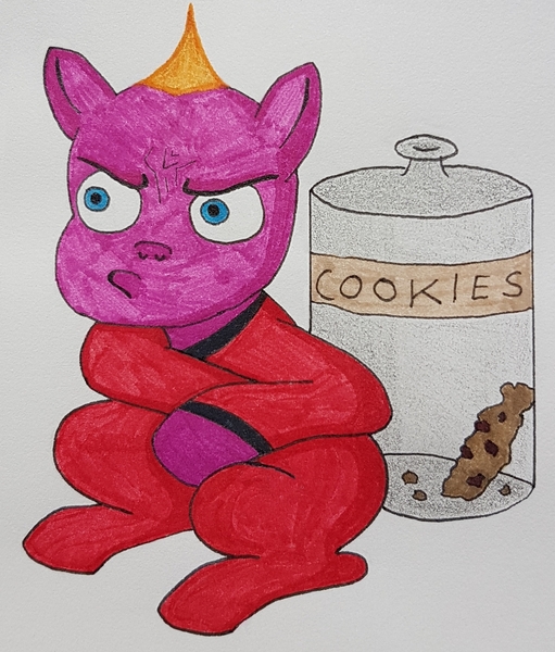 Size: 1840x2162 | Tagged: safe, derpibooru import, earth pony, cookie, food, grumpy, jack-jack parr, the incredibles, traditional art