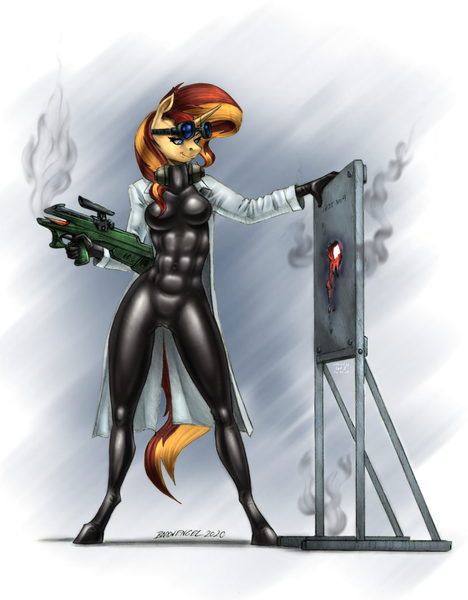 Size: 1952x2500 | Tagged: questionable, artist:baron engel, artist:catd-nsfw, color edit, derpibooru import, edit, sunset shimmer, anthro, unguligrade anthro, unicorn, breasts, cameltoe, colored, energy weapon, featureless breasts, female, goggles, image, latex, latex suit, png, skinsuit, smiling, smoke, solo, weapon