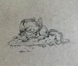 Size: 3024x2584 | Tagged: safe, artist:rigbyh00ves, derpibooru import, rainbow dash, pegasus, pony, cloud, curled up, eyes closed, female, folded wings, high res, mare, nap, on a cloud, pencil drawing, prone, sleeping, solo, traditional art, wings