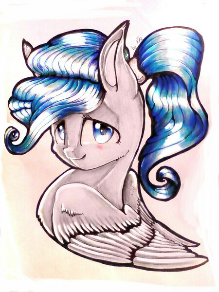 Size: 800x1067 | Tagged: safe, artist:kiwwsplash, derpibooru import, oc, unofficial characters only, pegasus, pony, bust, pegasus oc, smiling, solo, traditional art, wings