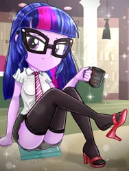 Size: 1800x2400 | Tagged: safe, artist:artmlpk, derpibooru import, sci-twi, twilight sparkle, equestria girls, adorable face, adorasexy, adorkable, alternate hairstyle, beautiful, book, bowtie, clothes, coffee, coffee mug, confused, confusion, cup, cute, dangling, digital art, dork, female, high heels, library, looking at you, messy hair, miniskirt, mug, nerd, sandals, schrödinger's pantsu, sexy, shoe dangling, shoes, sitting, skirt, socks, solo, thigh highs, thighs, tired, twiabetes, watermark, zettai ryouiki