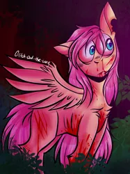 Size: 1280x1707 | Tagged: semi-grimdark, artist:glitchedout, derpibooru import, fluttershy, pegasus, pony, bleeding, blood, bush, chest fluff, cut, female, forest, full face view, looking away, looking sideways, mare, night, one ear down, outdoors, scared, scratches, shoulder fluff, skinny, solo, speedpaint available, spread wings, standing, stray strand, torn ear, tree, wide eyes, wings