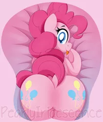 Size: 1139x1350 | Tagged: suggestive, artist:pearlyiridescence, derpibooru import, pinkie pie, earth pony, pony, :p, balloonbutt, both cutie marks, butt, dock, featureless crotch, female, frog (hoof), looking at you, looking back, mare, mousepad for the fearless, oppai mousepad, plot, prone, smiling, solo, the ass was fat, tongue out, underhoof, wingding eyes