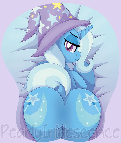 Size: 1139x1350 | Tagged: suggestive, artist:pearlyiridescence, derpibooru import, trixie, pony, unicorn, both cutie marks, butt, clothes, dock, featureless crotch, female, frown, hat, horn, looking at you, looking back, mare, mousepad for the fearless, oppai mousepad, plot, prone, solo, the ass was fat, the great and powerful ass, trixie's hat, wingding eyes