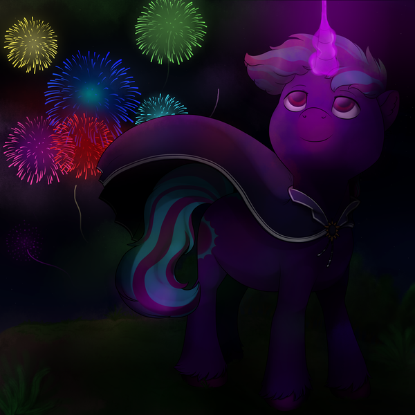 Size: 3000x3000 | Tagged: safe, artist:69beas, derpibooru import, oc, oc:neon eclipse, pony, unicorn, cloak, clothes, colored hooves, dark, digital art, fireworks, glowing horn, happy, hoof fluff, horn, looking up, magic, magic aura, male, smiling, solo, stallion