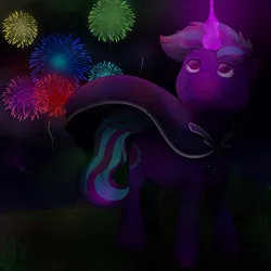 Size: 3000x3000 | Tagged: safe, artist:69beas, derpibooru import, oc, oc:neon eclipse, pony, unicorn, cloak, clothes, colored hooves, dark, digital art, fireworks, glowing horn, happy, hoof fluff, horn, looking up, magic, magic aura, male, smiling, solo, stallion