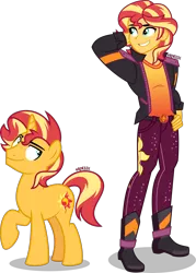 Size: 2868x4000 | Tagged: safe, artist:orin331, derpibooru import, sunset shimmer, pony, unicorn, equestria girls, equestria girls series, spoiler:eqg series (season 2), arm behind head, boots, clothes, equestria guys, geode of empathy, grin, human ponidox, looking back, magical geodes, male, raised hoof, rule 63, self ponidox, shoes, simple background, smiling, stallion, sunset glare, transparent background