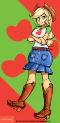 Size: 486x1000 | Tagged: safe, artist:srasomeone, derpibooru import, applejack, equestria girls, equestria girls series, breasts, busty applejack, clothes, cowboy hat, crossed arms, female, freckles, hat, looking at you, skirt, smiling, solo, stetson
