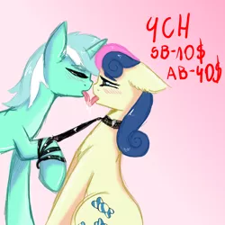 Size: 4000x4000 | Tagged: suggestive, artist:vaiola, derpibooru import, bon bon, lyra heartstrings, sweetie drops, earth pony, pony, unicorn, advertisement, auction, bdsm, blushing, choker, collar, commission, couple, cutie mark, drool, duo, duo female, female, fetish, french kiss, kissing, latex, leash, lesbian, looking at each other, lyrabon, mare, master, open mouth, pet play, seductive, sexy, shipping, sitting, standing, tongue out, ych example, ych sketch, your character here
