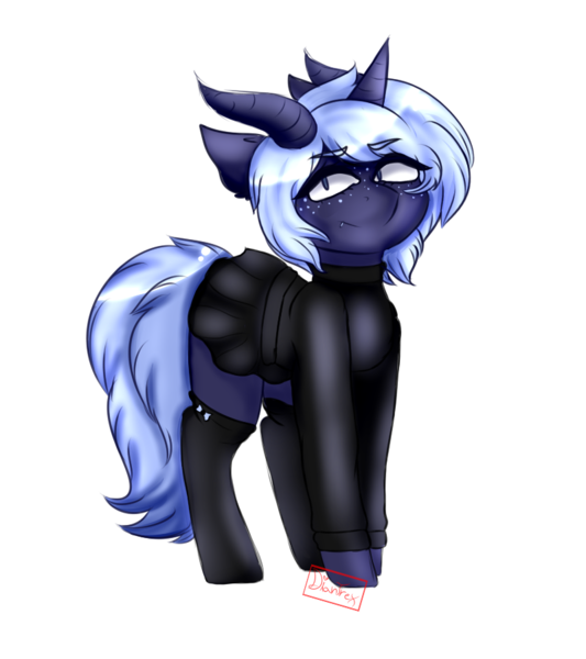 Size: 800x900 | Tagged: safe, artist:diantrex, derpibooru import, oc, oc:blizzard shard, unofficial characters only, pony, succubus, unicorn, clothes, female, horns, mare, piercing, simple background, skirt, socks, solo, sweater, transparent background, white outline