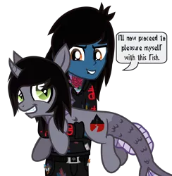 Size: 1316x1347 | Tagged: suggestive, artist:lightningbolt, derpibooru import, ponified:kellin quinn, ponified:oliver sykes, half-siren, hybrid, equestria girls, belt, bring me the horizon, clothes, curved horn, drop dead clothing, duo, equestria girls-ified, fangs, fins, fish tail, grin, holding, hoodie, horn, imminent sex, implied gay, jeans, jewelry, lip piercing, looking at each other, male, meme, necklace, paint stains, paintbrush, pants, piercing, scales, seatbelt belt, shirt, simple background, sleeping with sirens, slit eyes, smiling, speech bubble, tattoo, transparent background, undershirt