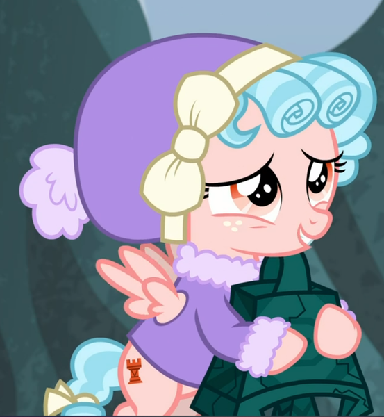 Size: 821x890 | Tagged: bell, bewitching bell, cozy glow, cropped, derpibooru import, frenemies (episode), holding, safe, screencap, smiling, solo
