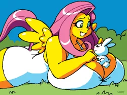 Size: 666x496 | Tagged: suggestive, artist:woot, derpibooru import, angel bunny, fluttershy, anthro, bat pony, angelshy, big breasts, boob squish, breasts, breasts on floor, busty fluttershy, cleavage, clothes, female, flutterbat, huge breasts, human facial structure, impossibly large breasts, lying down, male, on stomach, outdoors, prone, race swap, shipping, smiling, straight, stupid sexy fluttershy, wings