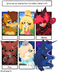 Size: 1164x1446 | Tagged: safe, artist:ramufuu, derpibooru import, princess luna, alicorn, anthro, chipmunk, dog, six fanarts, alastor, animal crossing, animatronic, anthro with ponies, bust, clothes, crossover, crown, :d, female, five nights at freddy's, foxy, hair over one eye, hazbin hotel, hook, image, isabelle, jewelry, open mouth, peytral, png, princess rosalina, regalia, rosalina, sally acorn, smiling, sonic the hedgehog (series), super mario bros., tiara