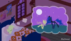 Size: 1280x740 | Tagged: safe, artist:bluesound, derpibooru import, fluttershy, princess luna, alicorn, pegasus, pony, adobe illustrator, bed, dream, fluttershy's cottage, night, sleeping, vector