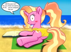 Size: 7999x5886 | Tagged: absurd resolution, alternate version, artist:ejlightning007arts, beach, bikini, blushing, book, butt, clothes, derpibooru import, looking at you, luster dawn, luster donk, lusty dawn, ocean, plot, ponytail, sexy, speech bubble, suggestive, summer, swimsuit, the last problem, towel, water
