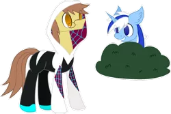 Size: 1024x684 | Tagged: safe, artist:theblingdshizz, derpibooru import, oc, oc:ferb fletcher, oc:zipper zest, unofficial characters only, pegasus, pony, unicorn, bush, clothes, cosplay, costume, image, not minuette, png, simple background, solo, spider-gwen, transparent background