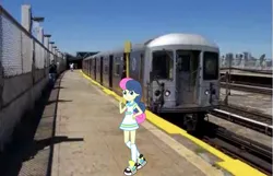 Size: 1767x1141 | Tagged: safe, artist:razethebeast, artist:topsangtheman, derpibooru import, bon bon, sweetie drops, pony, equestria girls, irl, looking at you, new york city, new york city subway, photo, ponies in real life