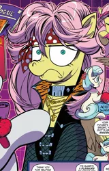 Size: 1376x2155 | Tagged: safe, artist:andypriceart, derpibooru import, idw, coco pommel, fluttershy, rarity, earth pony, pegasus, spoiler:comic64, aerosmith, comic panel, cropped, fluttershy is not amused, official comic, steven tyler, unamused