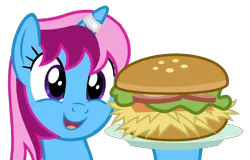 Size: 2348x1500 | Tagged: safe, alternate version, artist:indonesiarailroadpht, derpibooru import, oc, oc:parcly taxel, unofficial characters only, alicorn, pony, alicorn oc, borgarposting, burger, female, food, horn, mare, simple background, smiling, solo, transparent background, wings