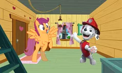 Size: 1024x609 | Tagged: safe, derpibooru import, scootaloo, dalmatian, dog, pegasus, pony, clubhouse, crossover, door, ladder, lamp, lookout tower (paw patrol), marshall (paw patrol), older, older scootaloo, paw patrol, requested art, window