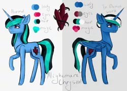 Size: 2560x1829 | Tagged: safe, artist:chrystal_company, derpibooru import, oc, oc:nightmare chrystal, unofficial characters only, alicorn, pony, alicorn oc, crystal, duo, ear fluff, horn, jewelry, necklace, raised hoof, reference sheet, wings