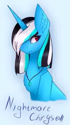 Size: 640x1136 | Tagged: safe, artist:chrystal_company, derpibooru import, oc, oc:nightmare chrystal, unofficial characters only, pony, unicorn, bust, ear fluff, horn, jewelry, necklace, solo, unicorn oc