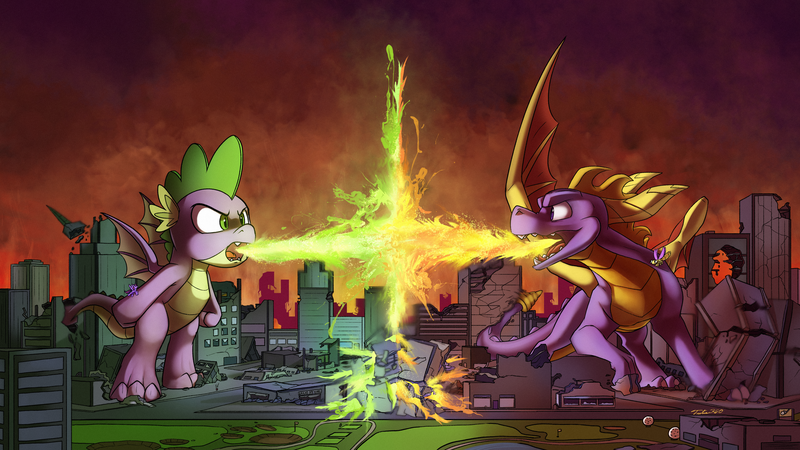 Size: 4813x2708 | Tagged: artist:tsitra360, beam struggle, city, derpibooru import, destruction, dragon, fight, fire, giant dragon, macro, safe, size difference, sparx the dragonfly, spike, spyro the dragon, twilight sparkle