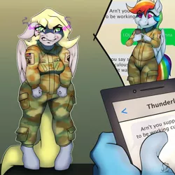 Size: 1280x1280 | Tagged: american flag, angry, anthro, army, artist:sintacle, clothes, commission, derpibooru import, derpy hooves, digital art, duo, duo female, female, gritted teeth, implied thunderlane, mobile phone, mocking, pegasus, phone, rainbow dash, safe, smartphone, sombra eyes, text, texting, this will end in death, this will end in pain, this will end in tears, this will end in tears and/or death, unguligrade anthro, wings