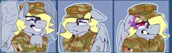 Size: 1280x395 | Tagged: american flag, angry, anthro, army, artist:sintacle, clothes, commission, derpibooru import, derpy hooves, digital art, expressions, eyes closed, face doodle, female, glasses, gritted teeth, long face, pegasus, safe, smiling, sombra eyes, tail, wings